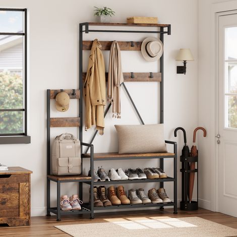Portemanteau avec Rangement pour Chaussures, Arbre d'entrée sur Pied avec Banc, Porte-Manteau Industriel avec 10 étagères, Tringle à Vêtements pour Chambre à Coucher Salon Couloir, Marron (1/5)