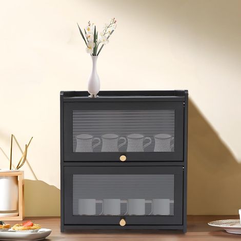 2-Tier Bamboo Desktop Storage Cabinet with Acrylic Doors (Black) Countertop Storage Cabinet for Kitchen & Living Room, 5kg Per Shelf, Clear Doors for Easy View, Compact 42x25x50cm (1/5)