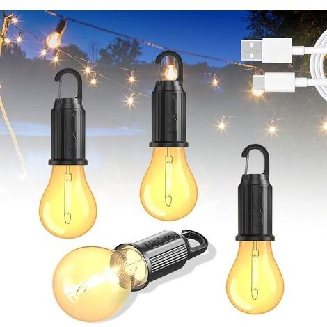 Lot de 4 lampes LED rechargeables - Portable, étanche, lanterne avec mousqueton - Luminosité réglable, 3 modes d'éclairage - Ampoule pour aventure, pêche, garage (1/5)