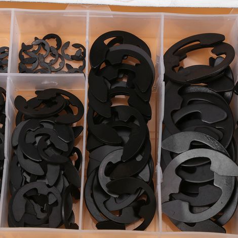 300 Stück schwarze E-Clips aus Metall, E-Ring-Achssicherungsringe, Sortiment 3 mm–22 mm, mit Box (1/5)