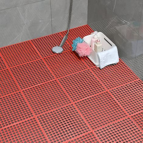 Tapis de carrelage de pont de bain rouge 5 pièces, tapis de carrelage de douche antidérapant, avec trous de drainage 3030cm (1/5)
