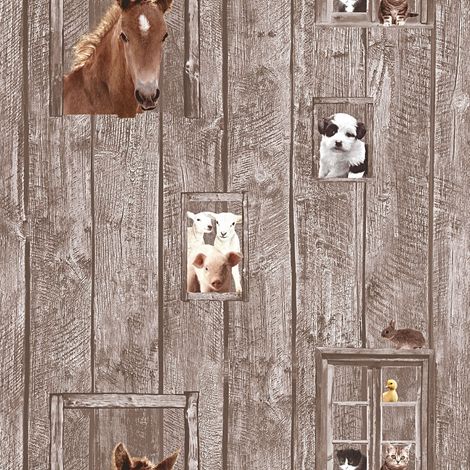 Papier peint imitation bois intissé | Papier peint chambre fille avec animaux | Tapisserie chambre enfant motif cheval & chien - 10,05 x 0,53 m (1/5)