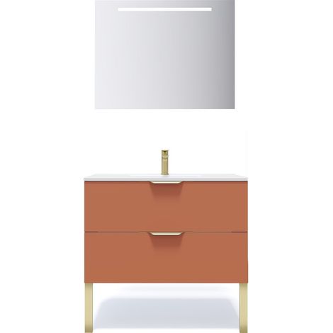 Meuble de salle de bain suspendu vasque intégrée 90cm 2 tiroirs Terracotta + miroir - Venice (1/5)