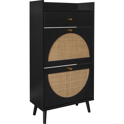Mueble zapatero con 2 Puertas, 1 Cajón y 2 Estantes Extraíbles, con Borde y Anclaje de Pared, en Tablero Negro, 60 cm (1/5)