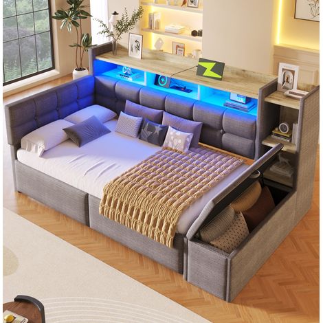 lit adulte rangement 90x190 velours tiroirs LED OKMYHOME (1/5)