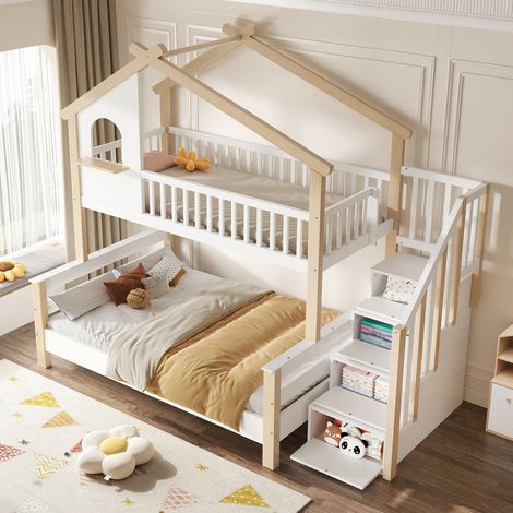 Lit superposé cabane 90 x 190 et 120 x 190 cm avec escalier de rangement, lit enfant en bois blanc naturel avec garde-corps et sommier à lattes (1/5)