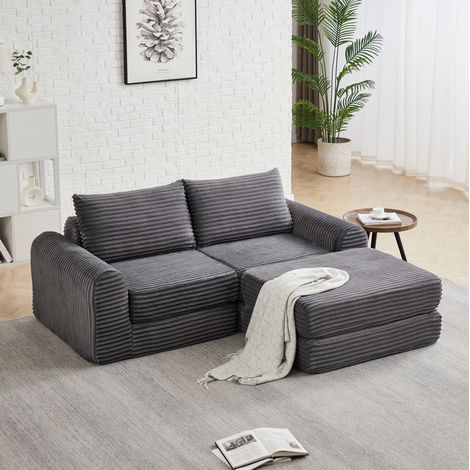 Canapé convertible en velours côtelé gris, modulable avec repose-pieds amovible (1/5)