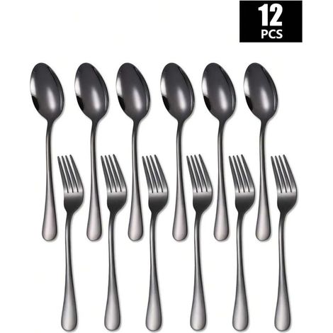 (Noir) Ensemble de 12 pièces de fourchettes et cuillères en acier inoxydable, adapté aux cuisines domestiques. (1/5)