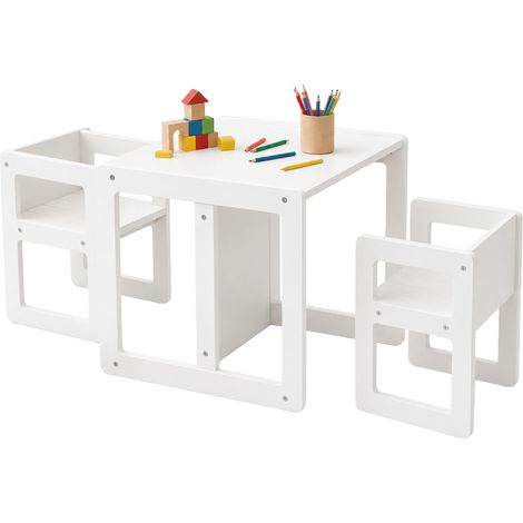 Relaxdays Kindersitzgruppe, 3-tlg. Set, Kindertisch mit 2 Stühlen, Wendehocker, Sitzbank, Montessori Sitzgruppe, weiß (1/5)