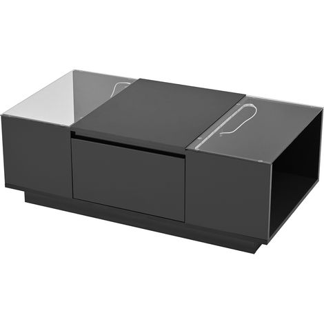 Table basse noire avec LED, plateau en verre et 2 tiroirs, 105 x 50 x 35 cm (1/5)