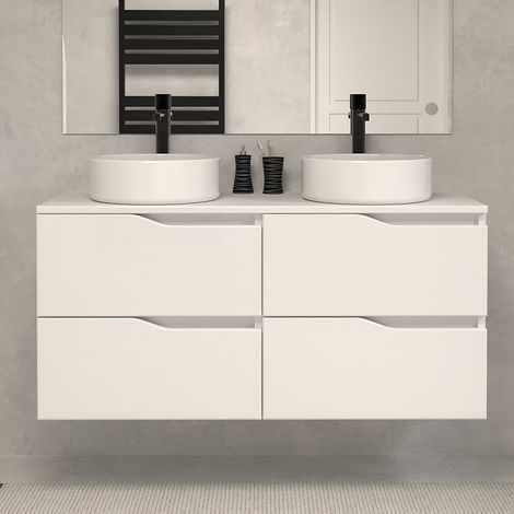 Meuble de salle de bain 120 avec plateau et 2 vasques à poser - sans miroir - 4 tiroirs - blanc - LUNA (1/5)