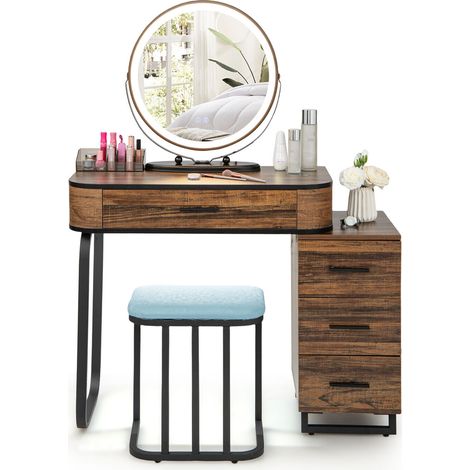 Vanity Table&Stool Set Makeup Dressing Mirror Table w/Charging Station-Coffee (1/5)
