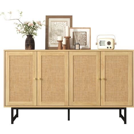 Aparador de 4 puertas con acabado en madera clara, ratán natural, patas metálicas negras de 18 cm y tiradores dorados, 140 x 39,5 x 80 cm  CHICFURN (1/5)
