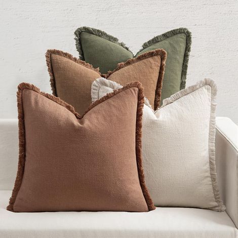 Lot de 4 housses de coussin décoratives d'automne en lin neutre à franges. style bohème rustique. pour lit. canapé. salon. maison. 45 x 45 cm. beige/marron/vert (1/4)