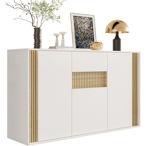 CHICFURN Aparador 140x40x82 cm de tablero de partículas blanco y madera, 3 puertas, 1 cajón, LED (1/5)