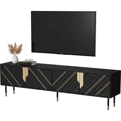 Mueble de TV Seborga, aparador de salón con cuatro puertas batientes y cuatro compartimentos interiores, elevado del suelo, 204x40 h55 cm, negro y dorado