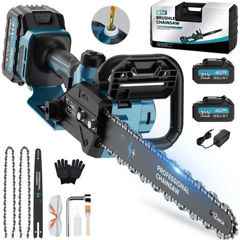 Motosega a batteria da 12 pollici – Potente motore brushless da 1800W, 2 batterie 21V 4,0Ah, 2 catene, lubrificazione automatica