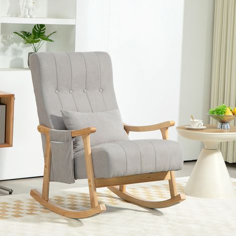 Sillón mecedor tapizado con cojín lumbar, bolsillo lateral, estructura de madera, gris HAVRYA (1/5)
