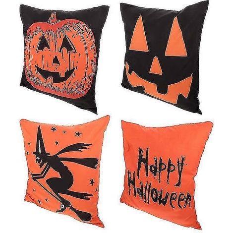 Taies d'oreiller et taies d'oreiller décoratives orange et noir 45 x 45 cm, 4 pièces, motif Halloween. (1/5)