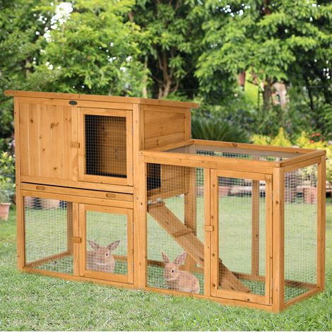 Kaninchenstall 141 x 60 x 86 cm aus Holz mit herausnehmbarer Wanne und Rampe, orange HAVRYA (1/5)