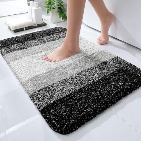Tapis de bain antidérapant ultra doux et absorbant en microfibre, motif rayures dégradées, noir, 50 x 80 cm, épaisseur 2,5 cm, lavable en machine, séchage rapide, pour salle de bain et entrée (1/4)