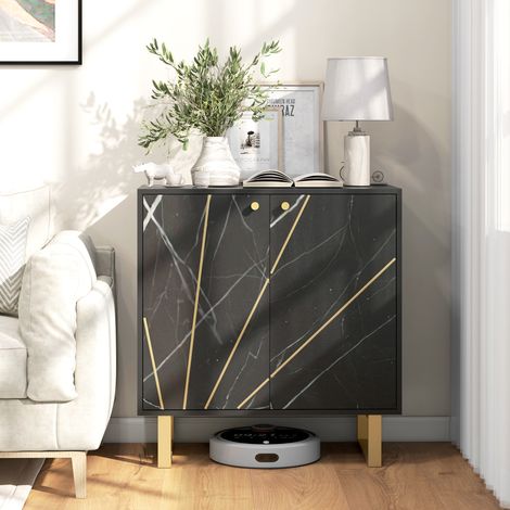 Buffet de rangement avec 2 portes et étagère réglable pieds en métal 76 x 35 x 77 cm ton marbre noir