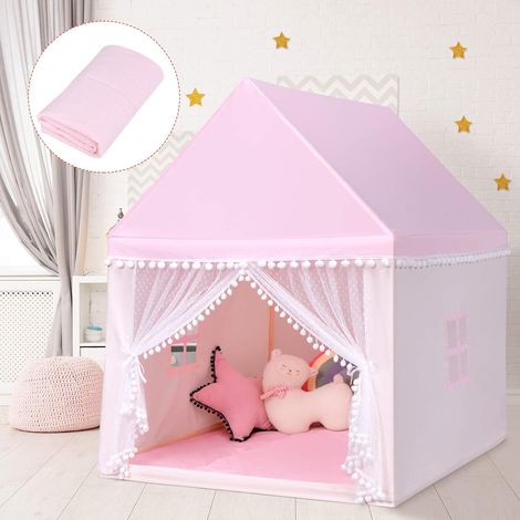 COSTWAY Kids Play Tent, Wood Frame Large Playhouse with Washable Mat and Windows, Indoor Outdoor Castle Fairy Tents for Children Boys & Girls Gift (Pink) (1/5)