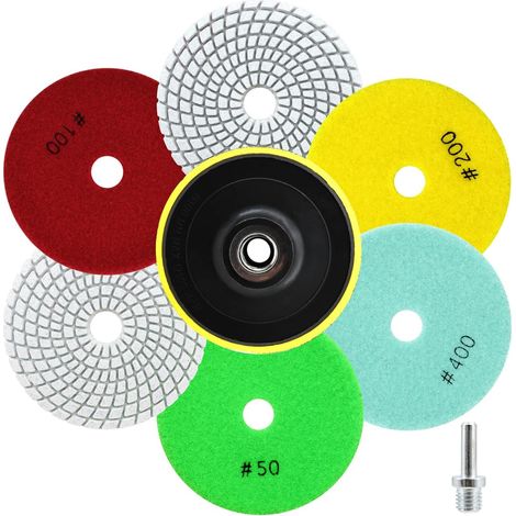 Disques de Polissage Diamant 8 Pièces - 6 Pièces 100mm Disques Poncage Marbre Humide (Grain 50/50/100/100/200/400), Plateau de Ponçage, Adaptateur pour Granit Quartz Pierre Artificielle