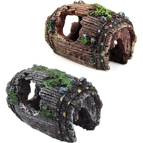 Décor aquarium résine 2 pièces, ornement tonneau cassé, cachette poissons, décoration paysage rocheuse, accessoire bassin crevette, abri grotte artificielle (1/5)