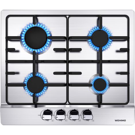 WEHIMO Plaque Gaz 4 Feux Inox, Plaque de Cuisson Gaz 4 feux Encastrable, Table Gaz 4 foyer, Gaz Ville et Bouteille L59 x P51 cm