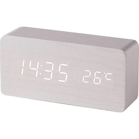 Réveil numérique en bois (blanc) avec contrôle sonore LED, double alimentation par piles USB, réveil silencieux en bois avec LED, décoration intérieure (1/5)