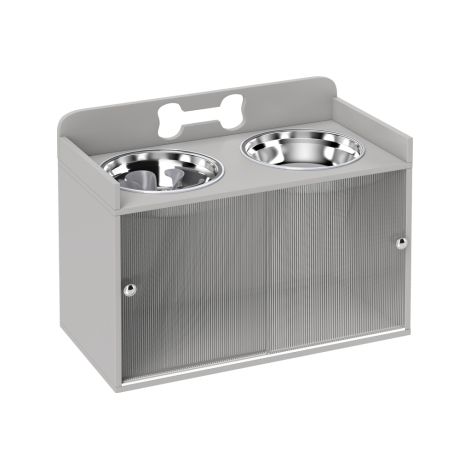 Station d'alimentation surélevée avec 2 gamelles et placard, MDF, acier inoxydable, motif os, gris