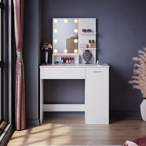 ELEGANT Bedroom Furniture White Dressing Table with Mirror, Storage Compartment, 1 Drawer, 2 Shelves Vanity Single Table and LED Mirror Lights (1/5)