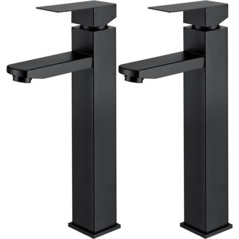 2X Black Bathroom Faucet, High Basin Mixer Tap with Square Handle, Stainless Steel Hand Washbasin Faucet