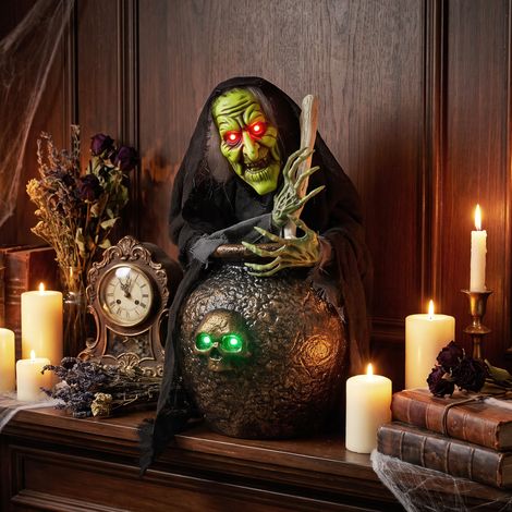 Sorcière de table animée pour Halloween avec rire, yeux brillants et activation sonore/tactile (1/5)