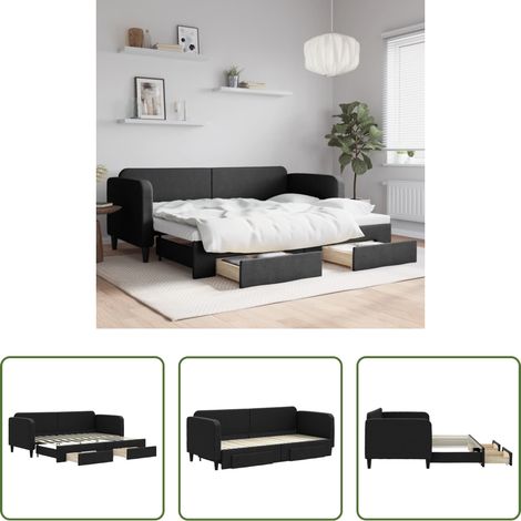 vidaXL Lit gigogne - Lit de jour avec gigogne et tiroirs sans matelas noir 80x200 cm (1/5)