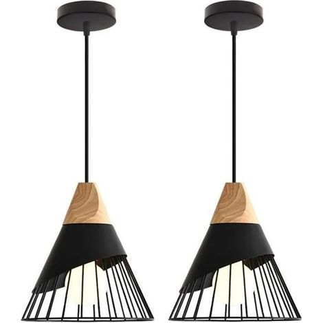 2x Suspension Luminaire Industrielle Vintage Lampe Plafonnier Bois Métal Design pour Salon Chambre Restaurant (1/5)