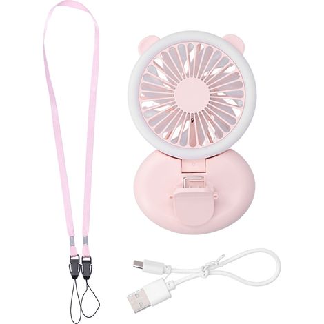 Ventilateur de Poche Rechargeable USB - Mini Brumisateur Portable avec Dragonne et Réglage 3 Vitesses - Rose (1/5)