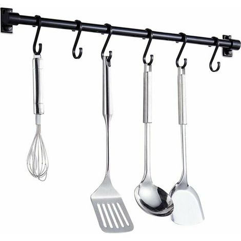 Barre Murale Cuisine Ustensiles 40CM - Barre Étagère de Cuisine avec 6 Crochets Amovibles - Rack Porte Étagère à Fixation Murale pour Ustensiles de Cuisine (Noir) (1/5)