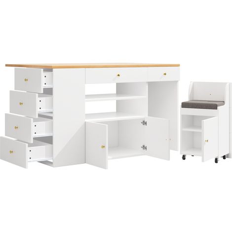 ELVMI Küchenwagen mit 6 Schubladen, 2 offenen Fächern und Rollhocker mit Stauraum, aus MDF, 140x40x89 cm, Weiß (1/5)