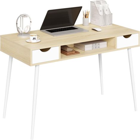 WOLTU Escritorio de Ordenador Mesa de Oficina Mesa de Trabajo PC Grande Tablero de 58x120cm con 2 cajones y 1 Compartimento Abierto Marco de Acero Madera Roble (1/5)
