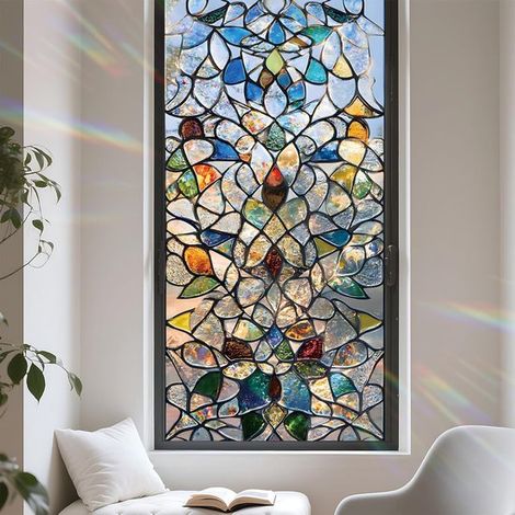 Film pour vitres - Film pour vitres à motifs floraux - Film pour vitres effet vitrail - Protection solaire et isolation thermique - Antistatique - Protection de la vie privée - Intimité... (1/5)