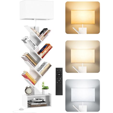 Petite Bibliothèque Arbre en Bois sur Pied avec Éclairage, Étagère à 6 Niveaux avec Télécommande et Minuteur, Meuble d’Angle pour Livres, CD et DVD, pour Salon, Chambre, Bureau (Blanc) (1/5)