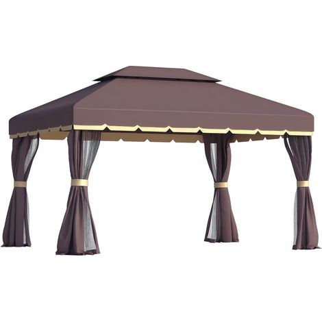 Pavillon de jardin, tonnelle, 390 x 290 x 280 cm, tente de jardin, chapiteau, tente de réception avec 4 panneaux latéraux, moustiquaire, résistant aux intempéries, aluminium, polyester, café et noir (1/5)
