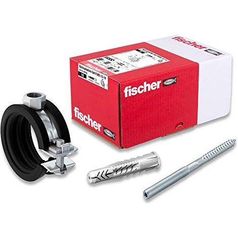Fischer Set di fascette stringitubo FGRS 15 – 19 gvz, set di 30 pezzi: 10 morsetti per tubi giunti FGRS 15 – 19,10 pezzi vite stecca ST8 x 80,10 pezzi tasselli universali UX10 x 60, art. 547056, nero (1/4)