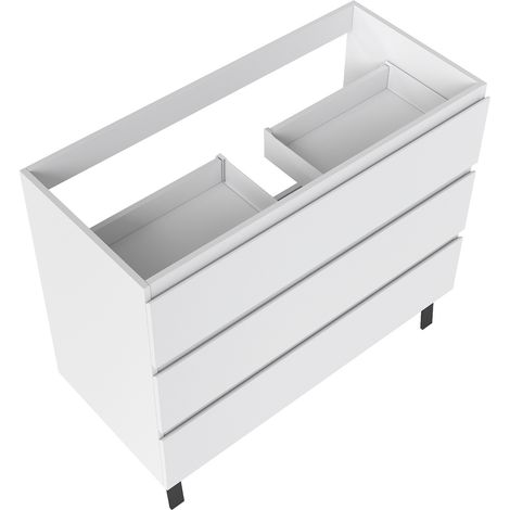 Meuble de Salle de Bain 100cm avec 3 tiroirs + 2 Pieds, Meuble sans vasque, Blanc