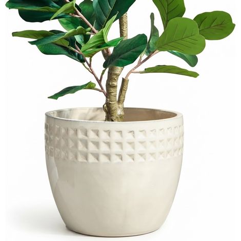 ELVMI Vasi da Fiori in Ceramica Set di 3 con Foro di Scarico Rilievo Triangolare Smaltato Bianco Antico (1/5)