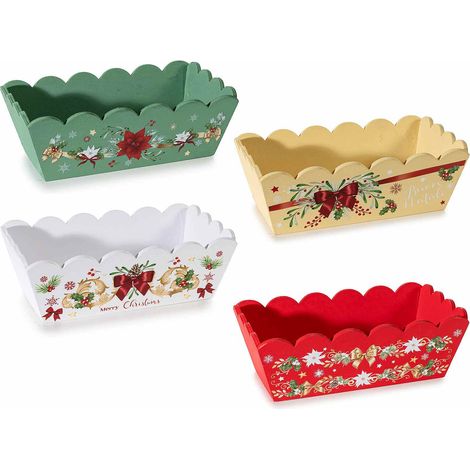 Cestini / cassette in legno colorate con stampa natalizia e bordi sagomati, set da 4 pezzi, cm 21,5 x 12 x 7 H