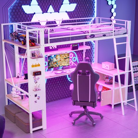 Cama alta con escritorio almacenaje LED blanca OKMYHOME (1/5)
