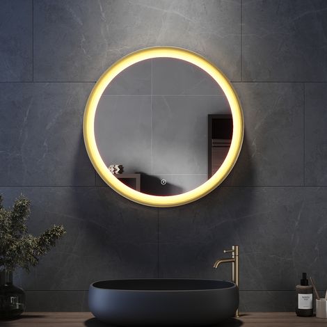 ELEGANT 600x600mm Round Bathroom LED Mirror Front Lighted Illuminated Wall Mounted Bathroom Mirror with Demister Leather Belt Tempered Glass IP44 (1/5)